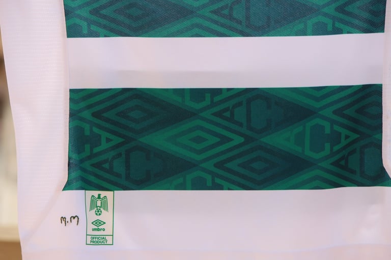 Green geometric patterned fabric with product label