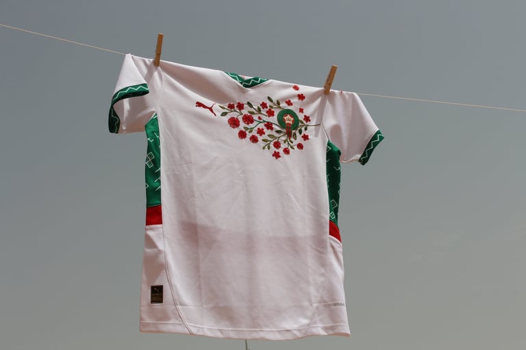 White t-shirt hanging on clothesline with clothespins, decorated with red berries and green leaves design